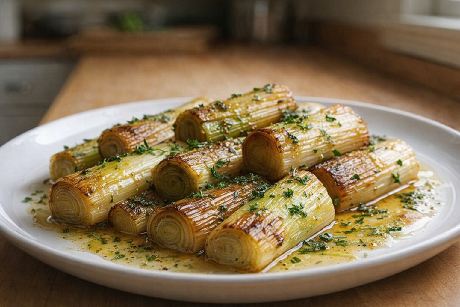 A close-up shot of perfectly cooked leeks, slightly caramelized, glistening with olive oil, arranged artfully on a white plate with a sprinkle of fresh herbs